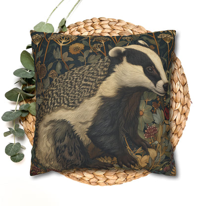 Vintage Badger Botanical Pillowcase, William Morris Inspired Woodland Animal Cushion