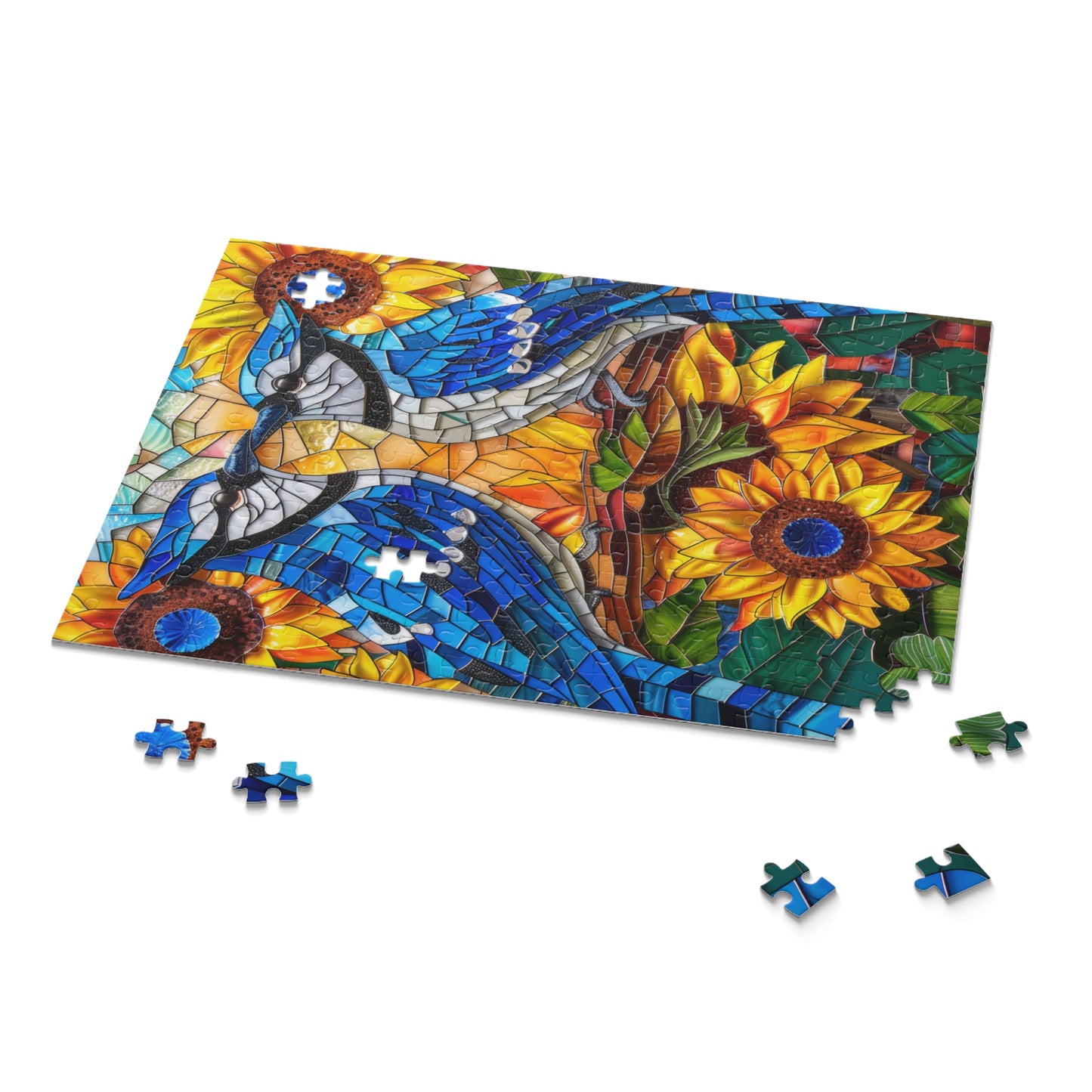 Stained Glass Blue Jay Lovebirds Sunflower Field Jigsaw Puzzle (120, 252, 500-Piece) Gift-Ready Box, Adult Jigsaw Puzzle