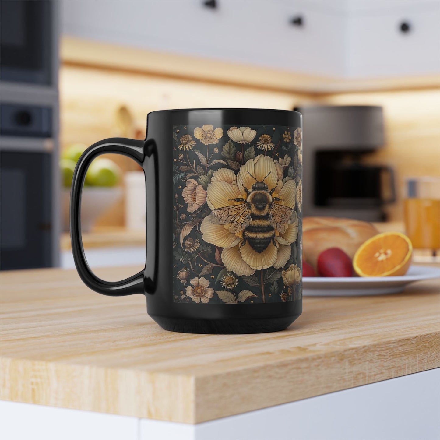 Botanical Bumblebee William Morris Inspired Black Coffee Mug For Her Him Ceramic Mug Black Mug 11oz, 15oz