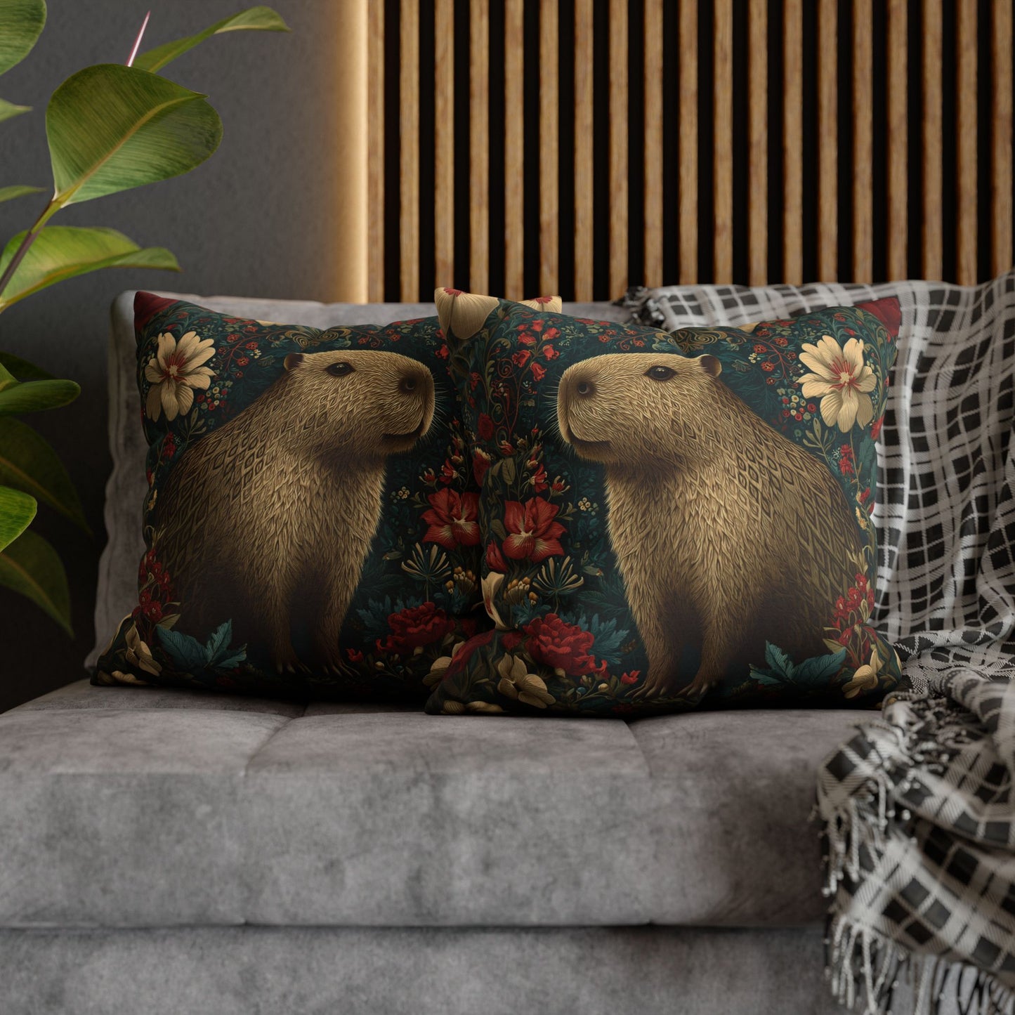 Capybara Floral Pillowcase, William Morris Style Botanical Animal Cushion for Cozy Home Decor