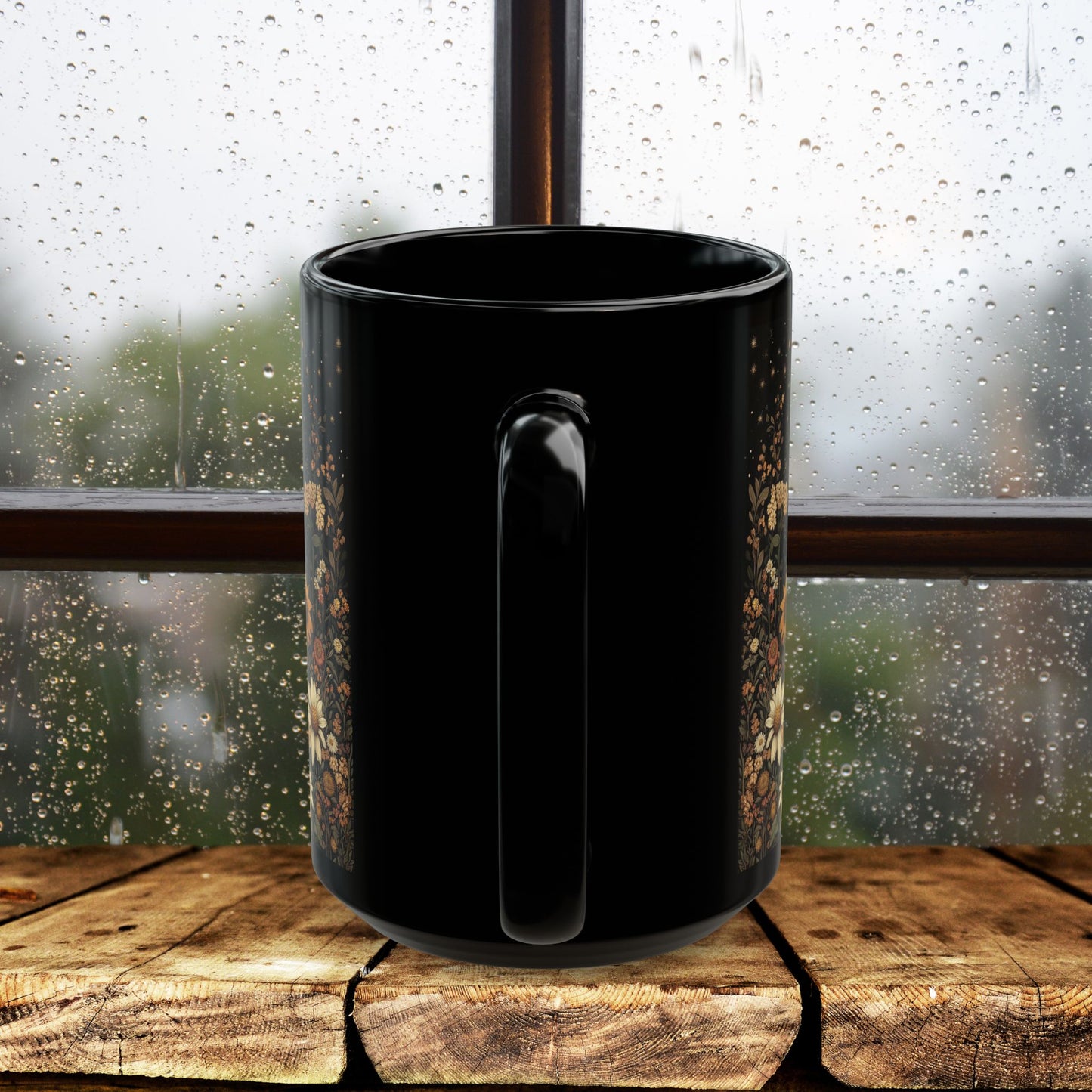 Moon Rabbit Coffee Mug, William Morris Inspired Floral Bunny Black Ceramic Cup (11oz, 15oz)