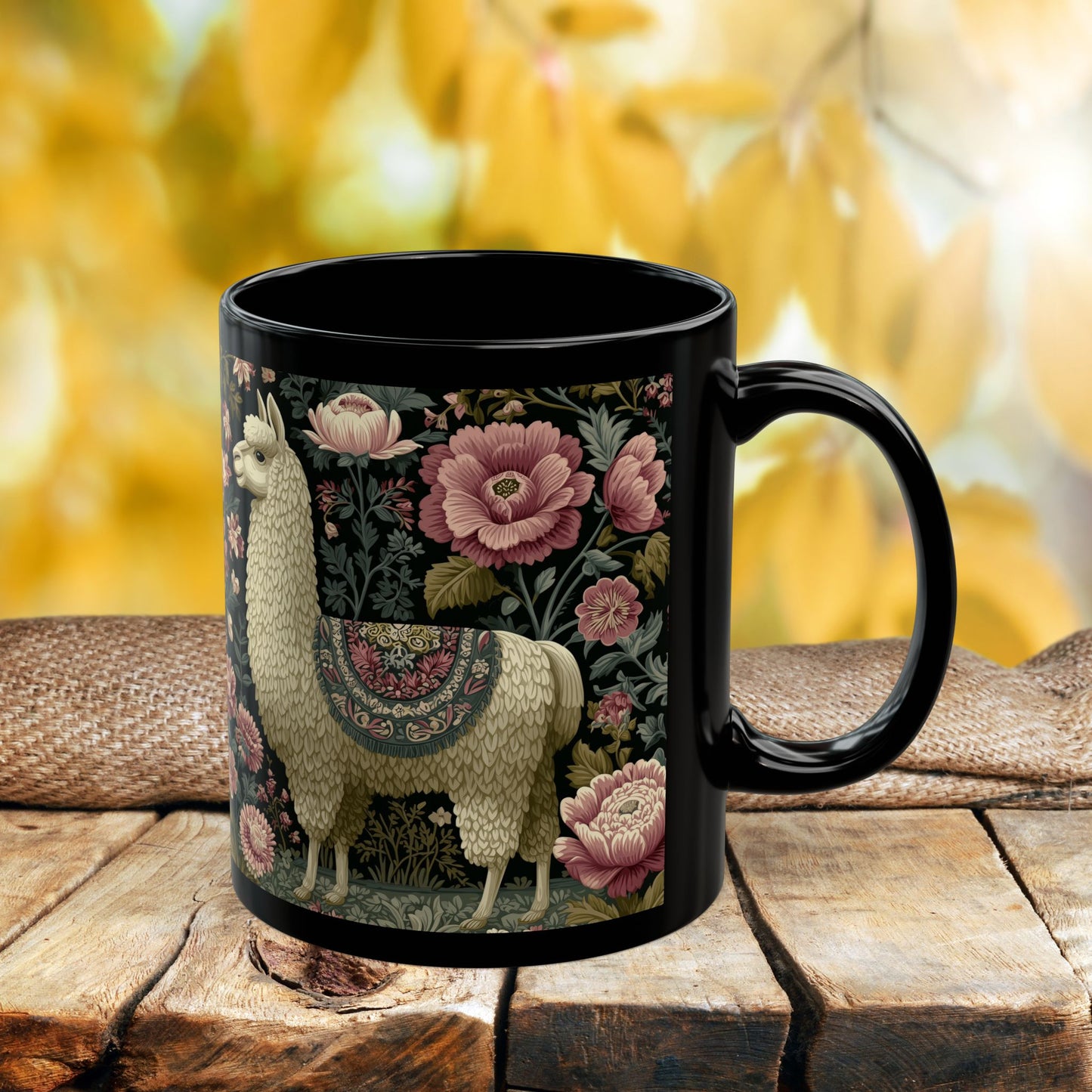 Botanical Llama Coffee Mug, William Morris Inspired Floral Black Ceramic Cup (11oz, 15oz)