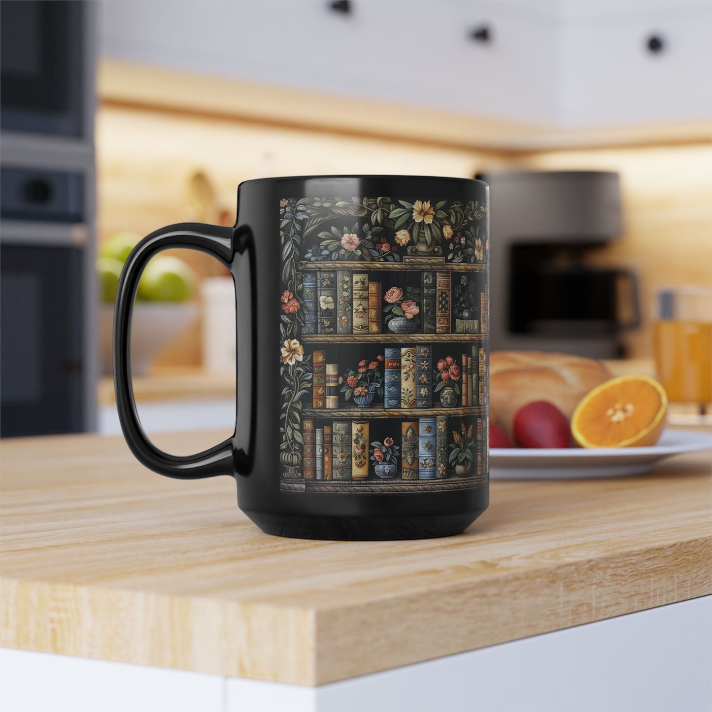 Vintage Bookshelf Mug, William Morris Style Library Black Ceramic Mug, Dark Academia Floral Book Lover Coffee Cup 11oz & 15oz