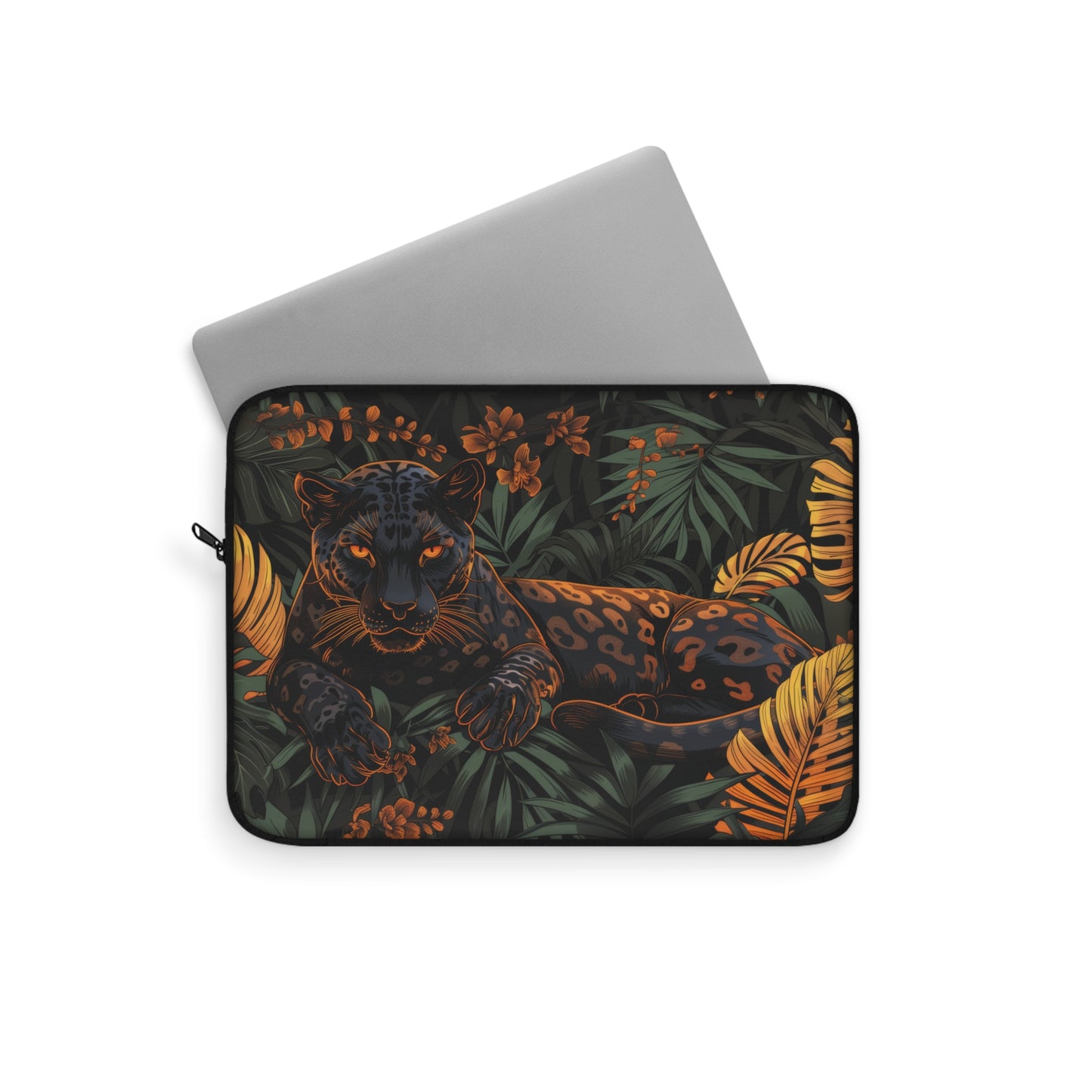 Black Jaguar Laptop Sleeve, Tropical Jungle Art Case, Dark Botanical Panther Design Laptop Cover