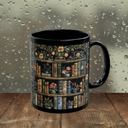 Vintage Bookshelf Mug, William Morris Style Library Black Ceramic Mug, Dark Academia Floral Book Lover Coffee Cup 11oz & 15oz