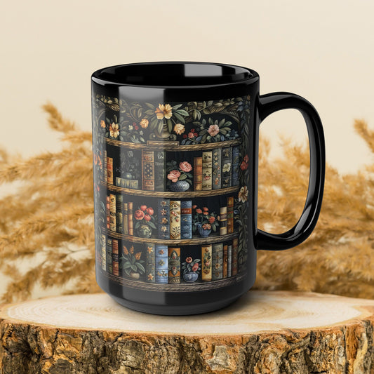Vintage Bookshelf Mug, William Morris Style Library Black Ceramic Mug, Dark Academia Floral Book Lover Coffee Cup 11oz & 15oz