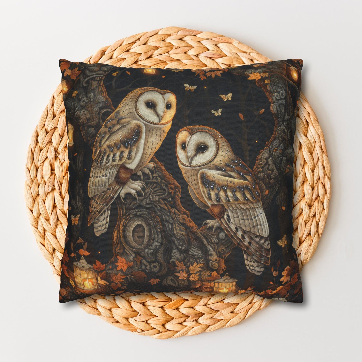 Enchanted Forest Owl Pillow, Decorative Fall Square Pillowcase