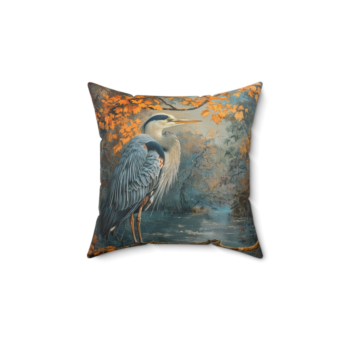 Autumn Heron Throw Pillow: Rustic Lake Scene Wildlife Decor