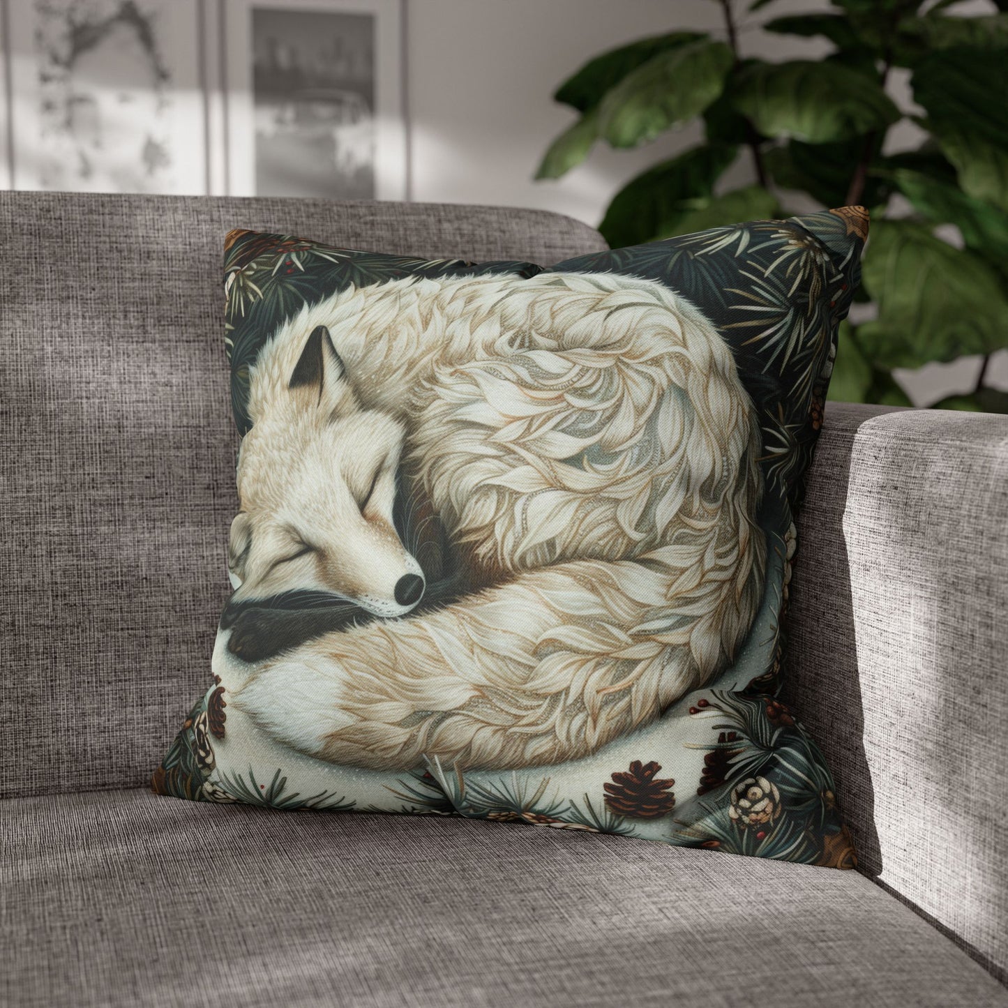 Art Deco Arctic Fox Pillow Cover: William Morris Style Winter Cushion
