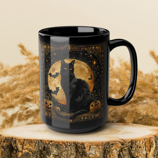Art Deco Full Moon Black Cat Mug, William Morris Inspired, Black Coffee Cup 11oz, 15oz, Cat Lover Gift, Halloween Mug, Gothic Kitchen Decor,