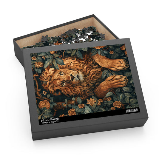 William Morris Inspired Forest Lion Jigsaw Puzzle Box | Cottage-core Art Nouveau Puzzle Box (120, 252, 500-Piece)