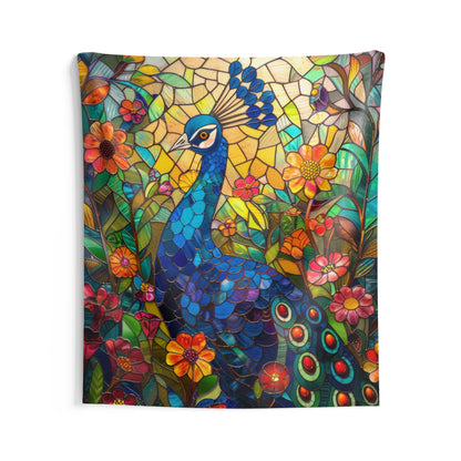 Tapestry of Peacock Faux Stained Glass, Vibrant Psychedelic, Art Wall Tapestries