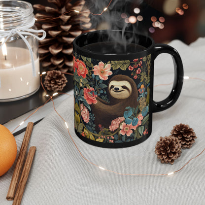 Floral Sloth Black Mug - Cute Coffee/Tea Cup (11oz & 15oz)