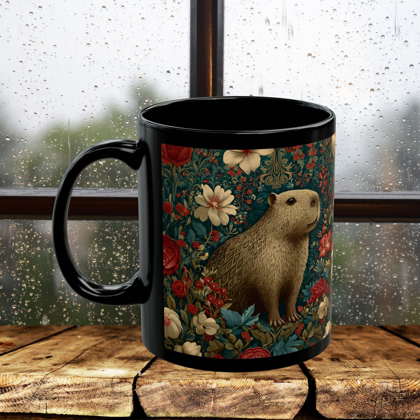 Floral Capybara Mug, Black Ceramic Woodland Coffee Cup 11oz & 15oz, Cute Nature Animal Art Gift with Vintage Botanical Flowers