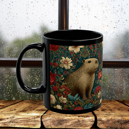 Floral Capybara Mug, Black Ceramic Woodland Coffee Cup 11oz & 15oz, Cute Nature Animal Art Gift with Vintage Botanical Flowers