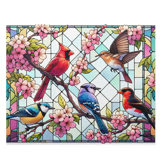 Stained Glass of 5 Spring Birds Jigsaw Puzzle (120, 252, 500-Piece) Adult Jigsaw Puzzle, Gift Him Her