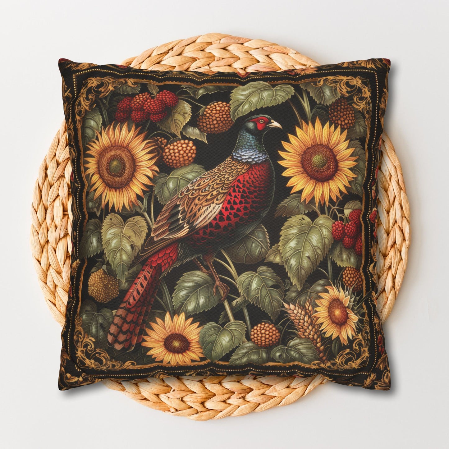 William Morris Inspired Pheasant Sunflowers Art Deco Print Pillowcase