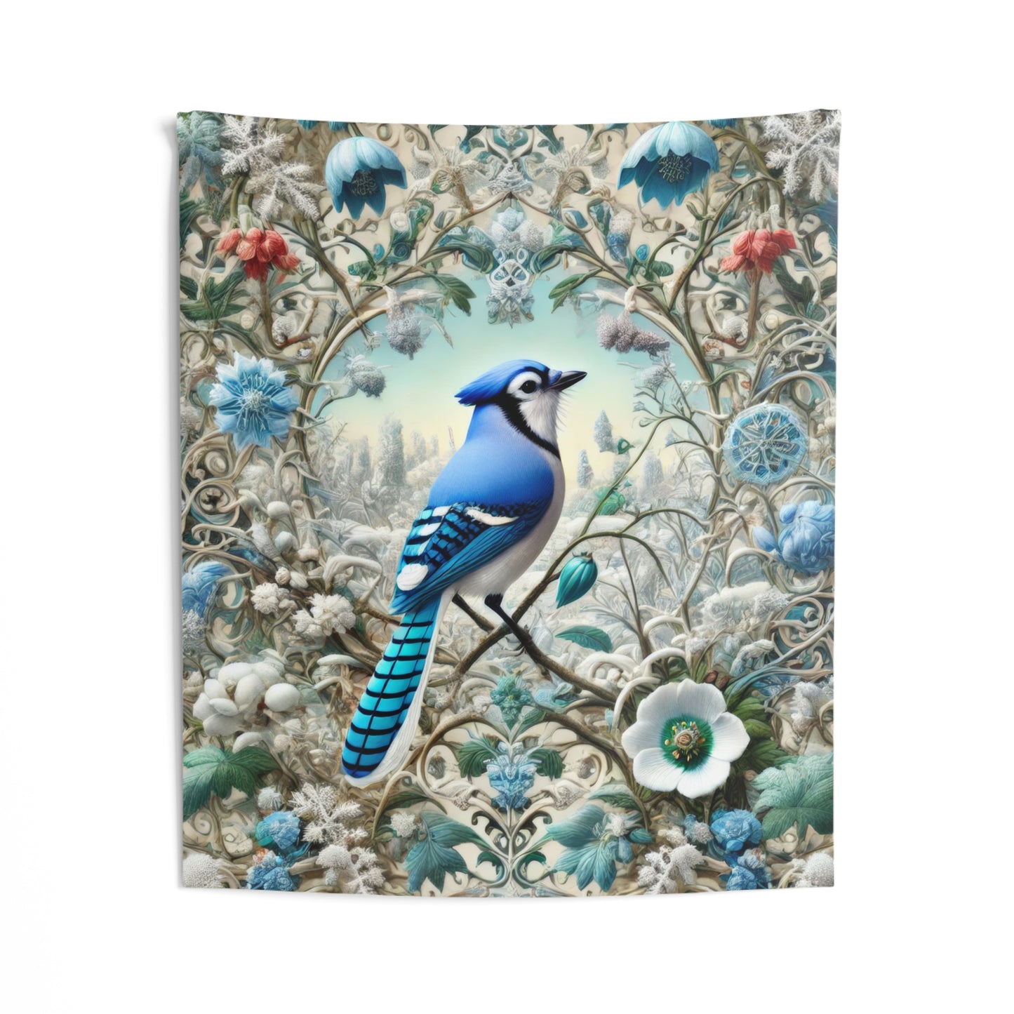 Tapestry of Blue Jay Winter Flower Garden William Morris Inspired Hanging Bird Florals Home Decor