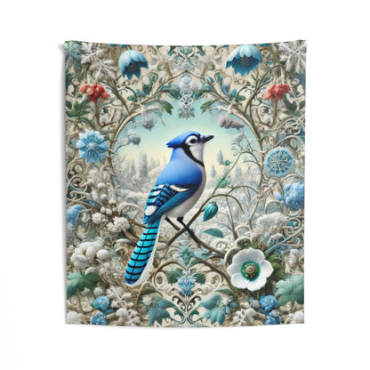 Tapestry of Blue Jay Winter Flower Garden William Morris Inspired Hanging Bird Florals Home Decor