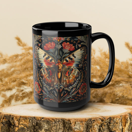 William Morris Inspired Botanical Butterfly Black Mug 11 oz. , 15 oz