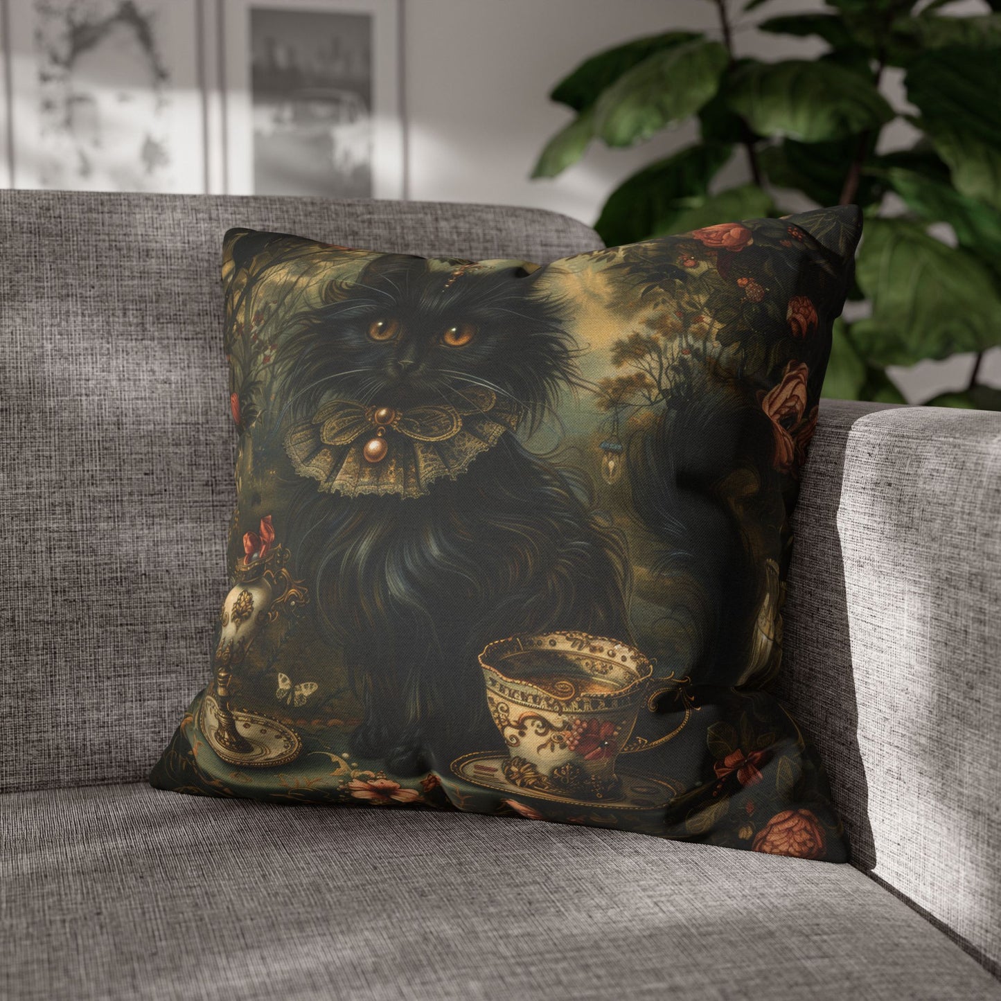 Mystical Cat Pillowcase, Halloween Home Decor, Black Cat Throw Pillow, Witchy Victorian Pillow, Gothic Decorative Pillow
