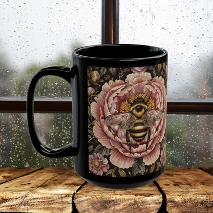 William Morris Inspired Bumblebee Pink Peony Black Coffee Mug For Her Him Ceramic Mug Black Mug 11oz, 15oz