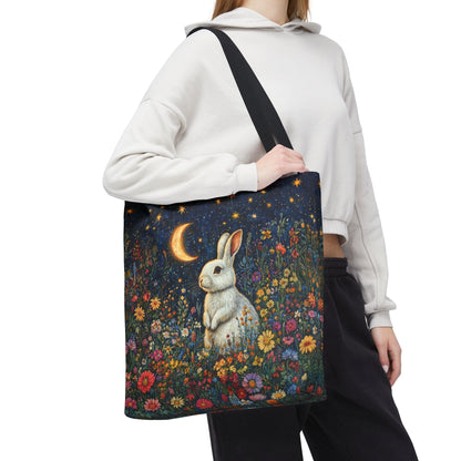 William Morris Inspired Moonlit Bunny Tote Bag, Celestial Rabbit Floral Market Bag