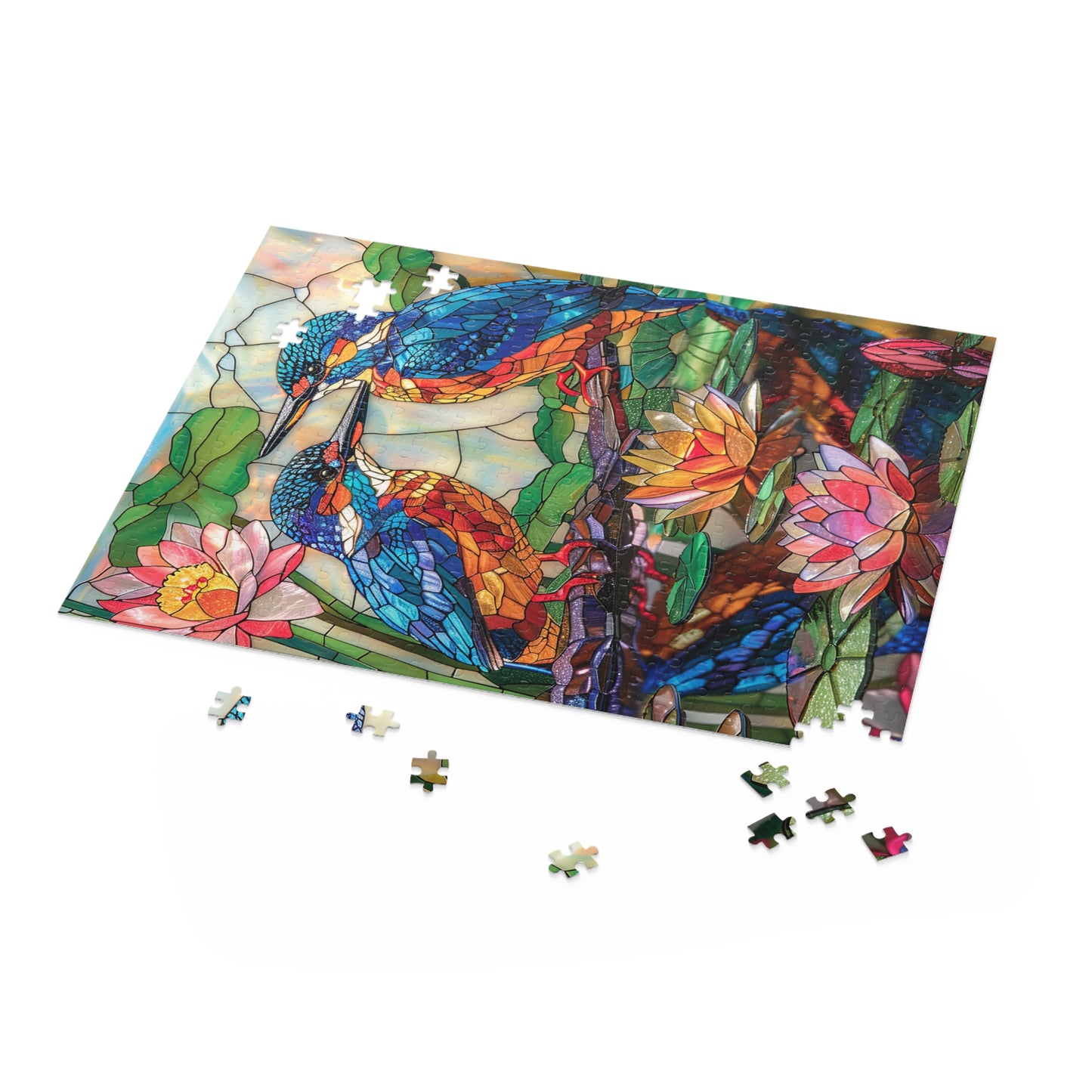 Faux Stained Glass Kingfishers Water Lily Puzzle Box (120, 252, 500-Piece) Family Jigsaw Puzzle, Puzzle Box Gift