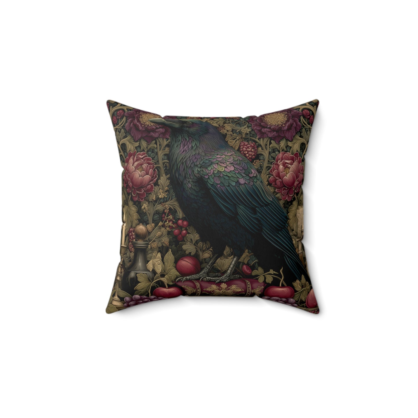 Gothic Raven & Peony Candle Pillow, Dark Academia Bird Cushion with Fruit and Floral Design, Halloween Home Decor