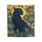 Midnight Black Leopard Garden Tapestry Blue & Gold Botanical Indoor Wall Tapestry