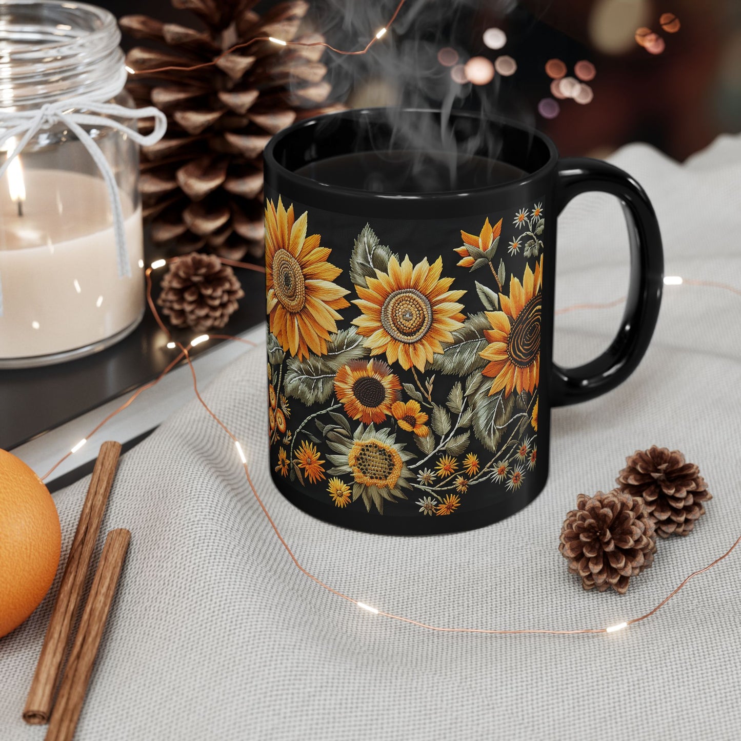 Sunflowers Pattern Embroidery Mug Black Mug (11oz, 15 oz)