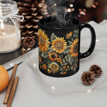 Sunflowers Pattern Embroidery Mug Black Mug (11oz, 15 oz)