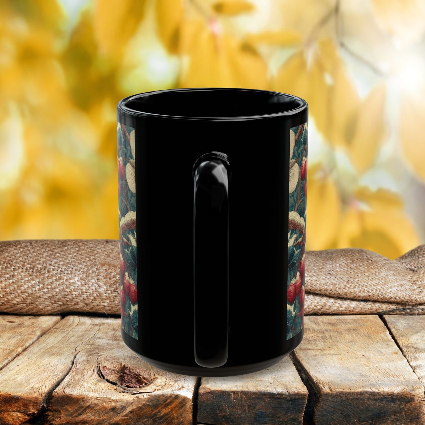 Waxwing Bird Vintage Berry Botanical Black Mug (11oz,15oz) Nature Lover Wildlife Art Gift