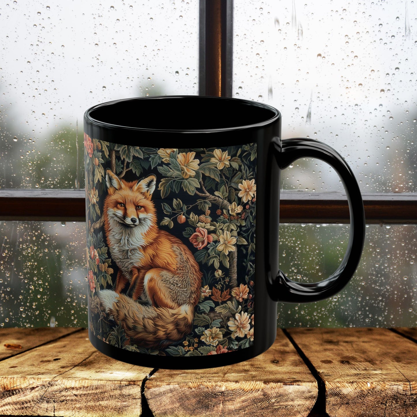 Forest Fox William Morris Inspired | Fox Ancient Black Coffee Mug For Her Him Ceramic Mug Black Mug 11oz, 15oz