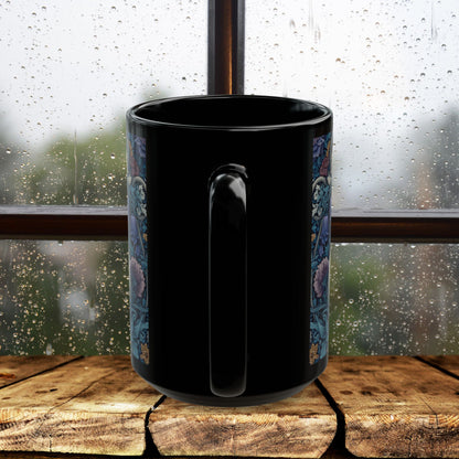 Rabbit Floral Black Mug, Vintage William Morris Style Bunny Coffee Cup (11oz/15oz)