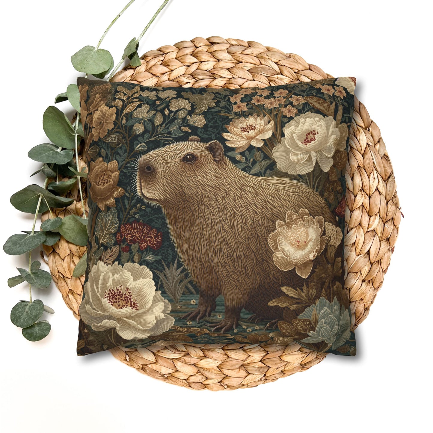 Capybara Botanical Pillowcase, William Morris Style Vintage Floral Animal Cushion