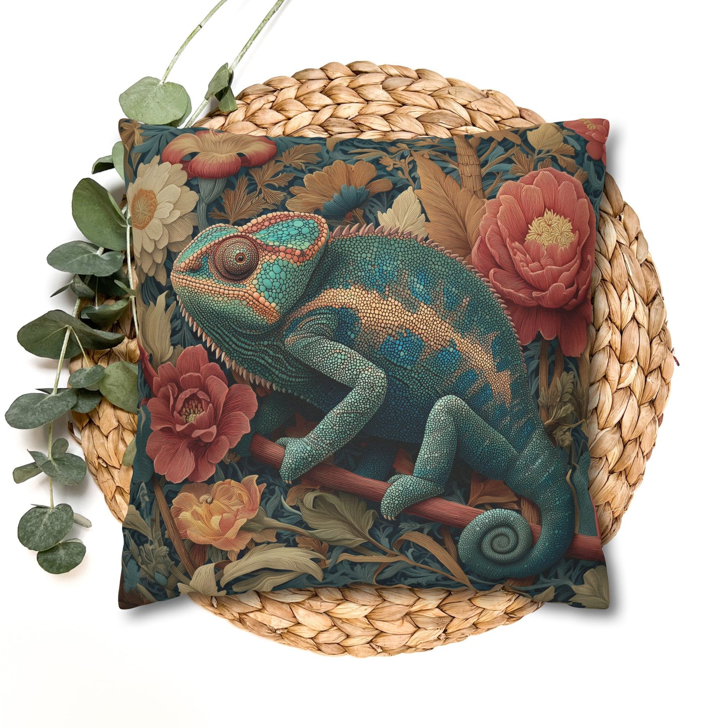 Teal Chameleon Floral Pillowcase, William Morris Style Lizard Cushion with Vintage Botanical Design
