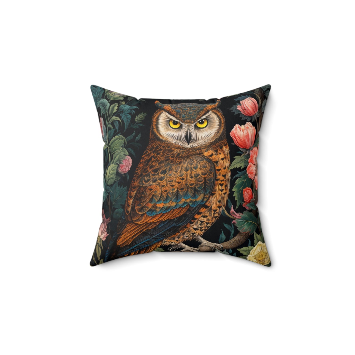 William Morris Inspired Night Owl Pillow, Decorative Owl Cushion, Spun Polyester Square Pillow