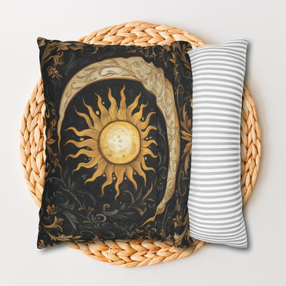 Celestial Sun and Moon Gold Ornate Gothic Polyester Square Pillowcase