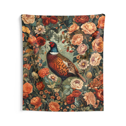 Tapestry of Pheasant Floral Garden | William Morris Art Deco Hanging Home Decor | Pheasant Fall Season Wall Tapestry