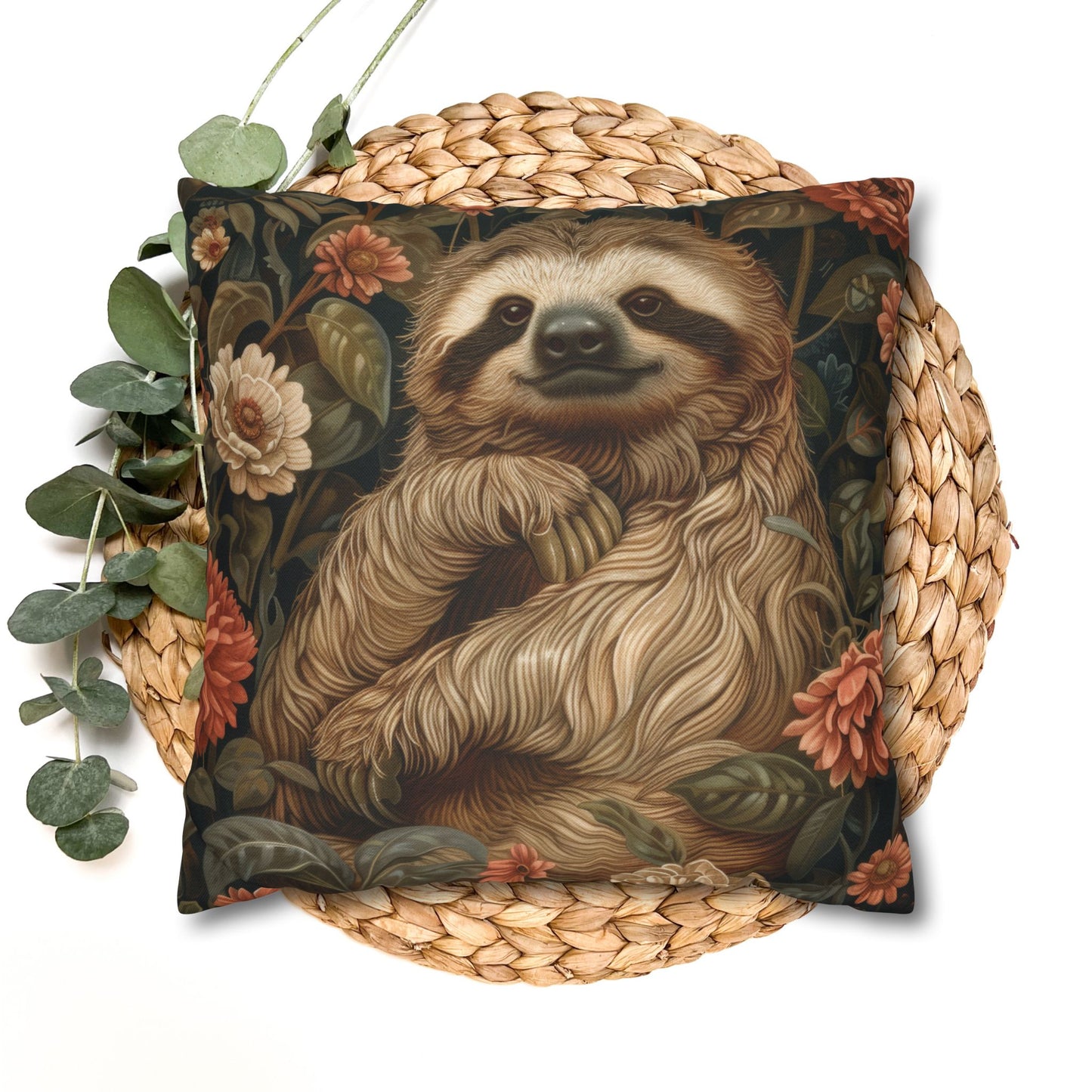 Botanical Sloth Pillowcase, Cozy Woodland Animal Cushion, William Morris Inspired Floral Throw Pillowcase