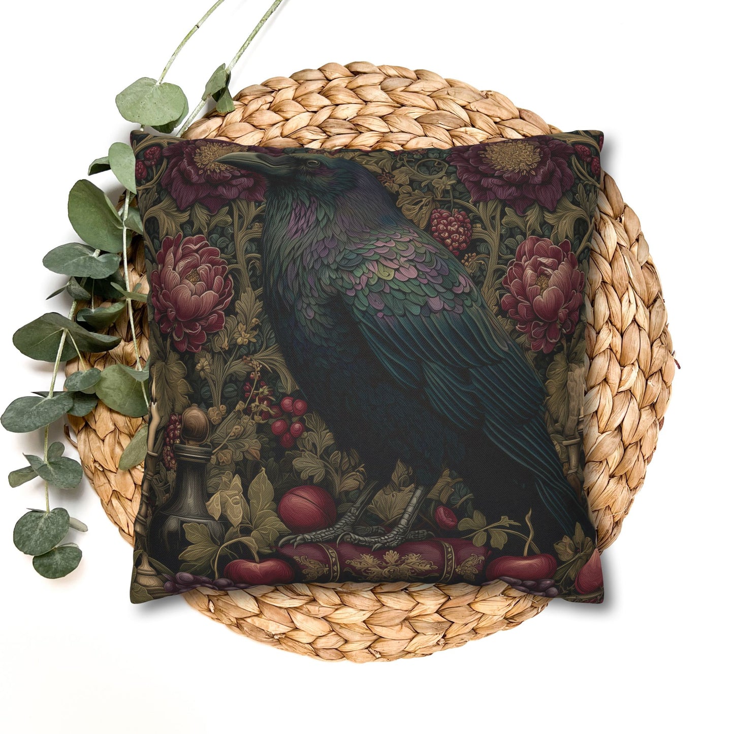 Gothic Raven & Peony Candle Pillowcase, Dark Academia Bird Cushion with Fruit and Floral Design, Halloween Home Decor