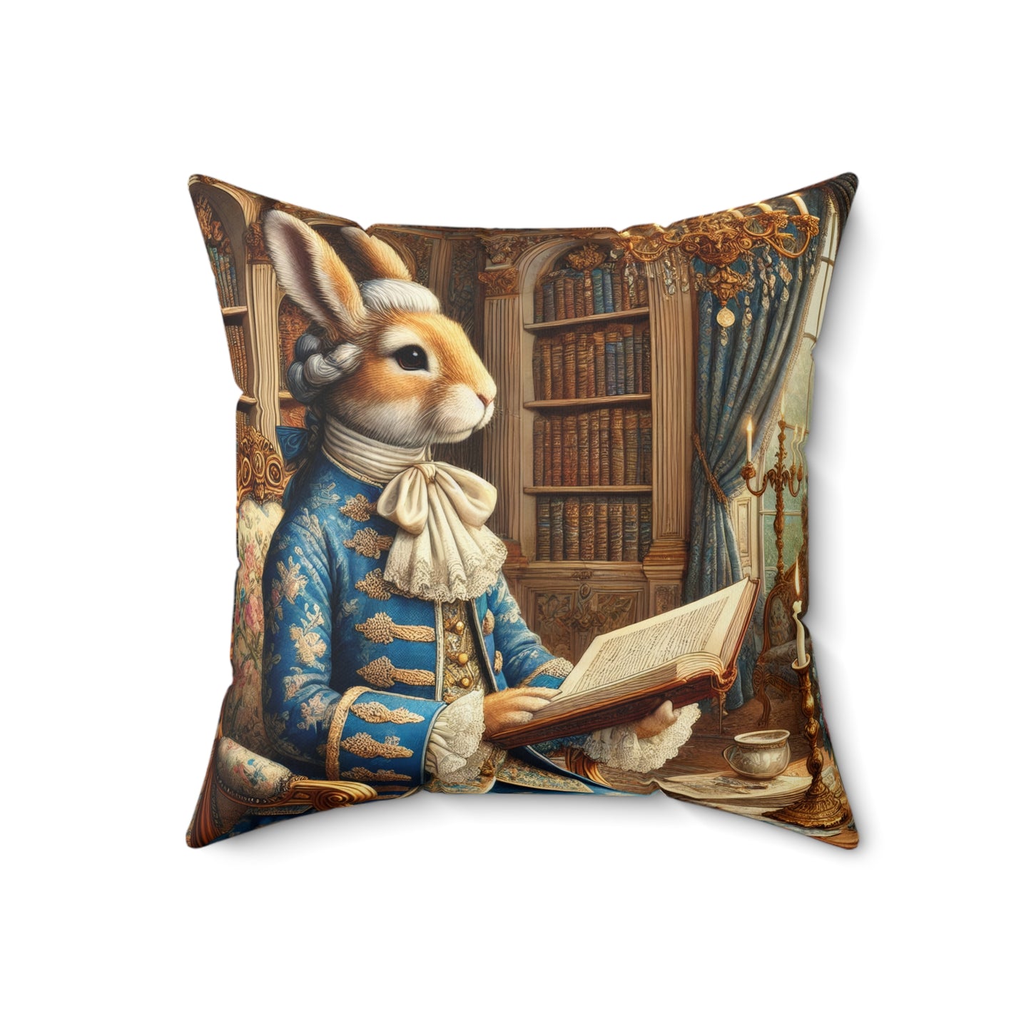 Victorian Rococo Bunny Pillow: Whimsical Blue Gold Accent Cushion
