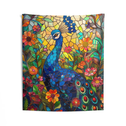 Tapestry of Peacock Faux Stained Glass, Vibrant Psychedelic, Art Wall Tapestries