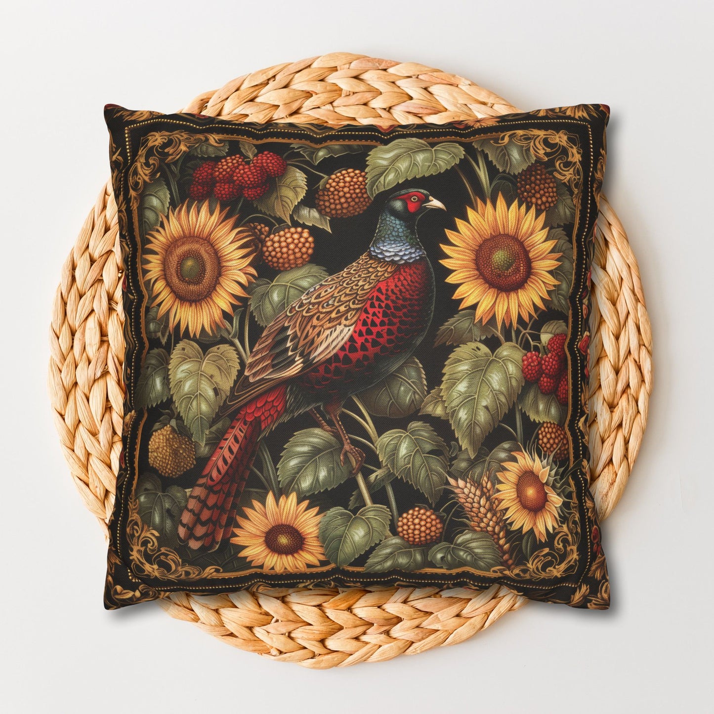William Morris Inspired Pheasant Sunflowers Art Deco Print Pillowcase