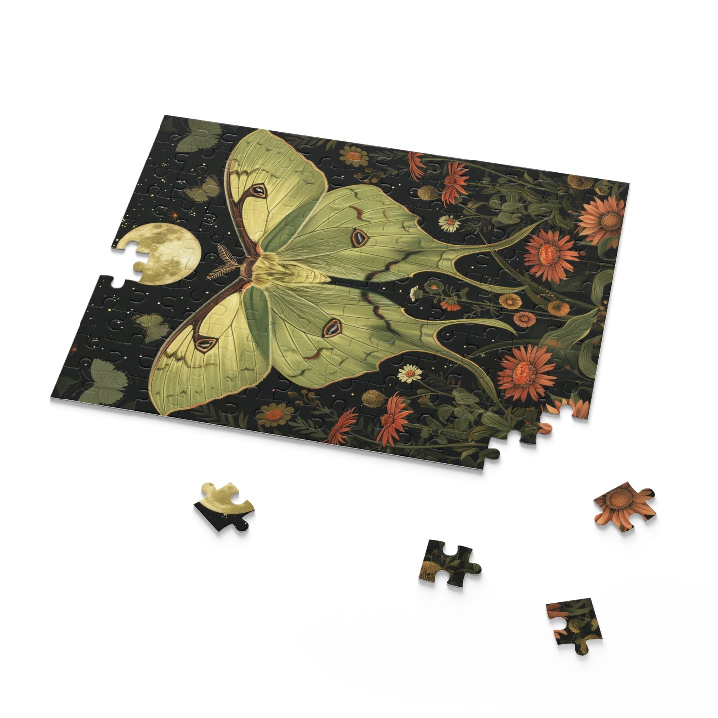 William Morris Inspired Magical Green Luna Moth Night Moon Puzzle Box (120, 252, 500-Piece) Family Jigsaw Puzzle, Puzzle Box Gift