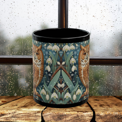 Whimsical Owl Snowdrop Floral Black Mug - Woodland Nature Coffee Cup, Forest Animal Art Gift, Cozy Rustic Drinkware
