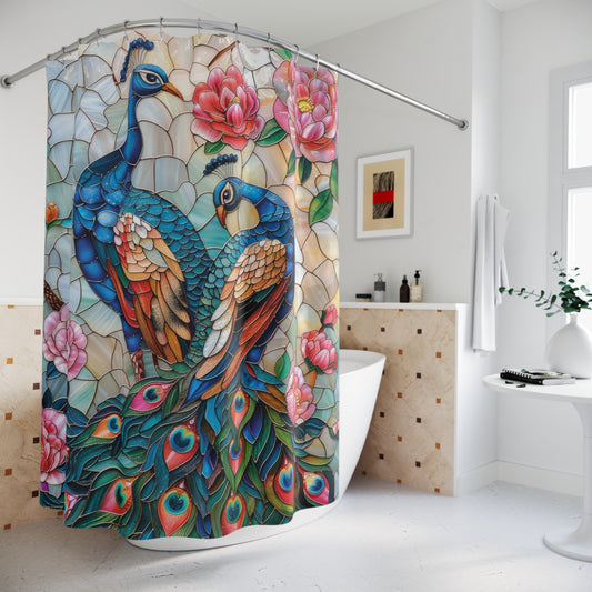 Faux Stained Glass Peacock Couple Print Shower Curtain, Housewarming Gift
