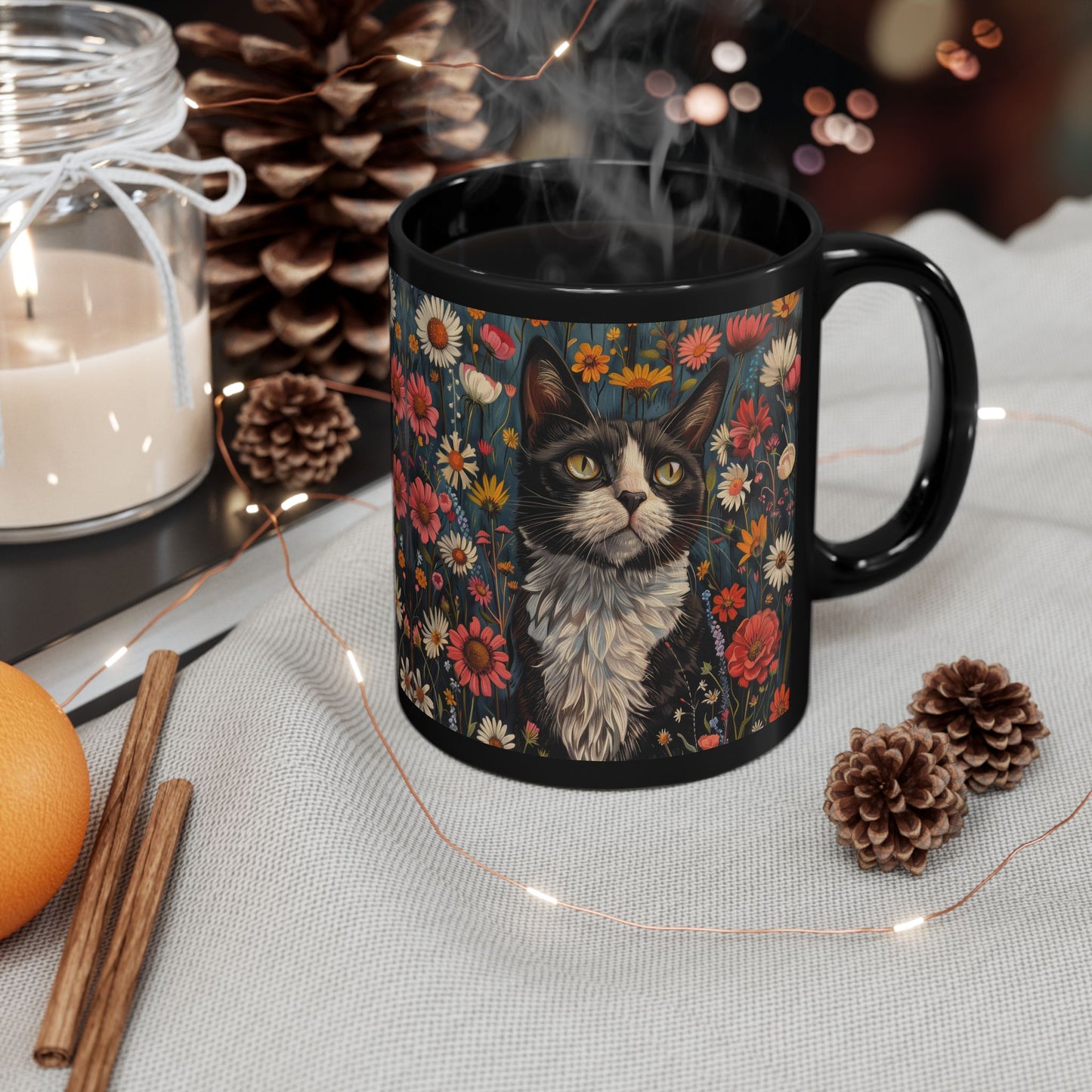 Tuxedo Cat Floral Mug, Vintage Botanical Cat Coffee Mug, William Morris Inspired Black Ceramic Mug 11oz & 15oz