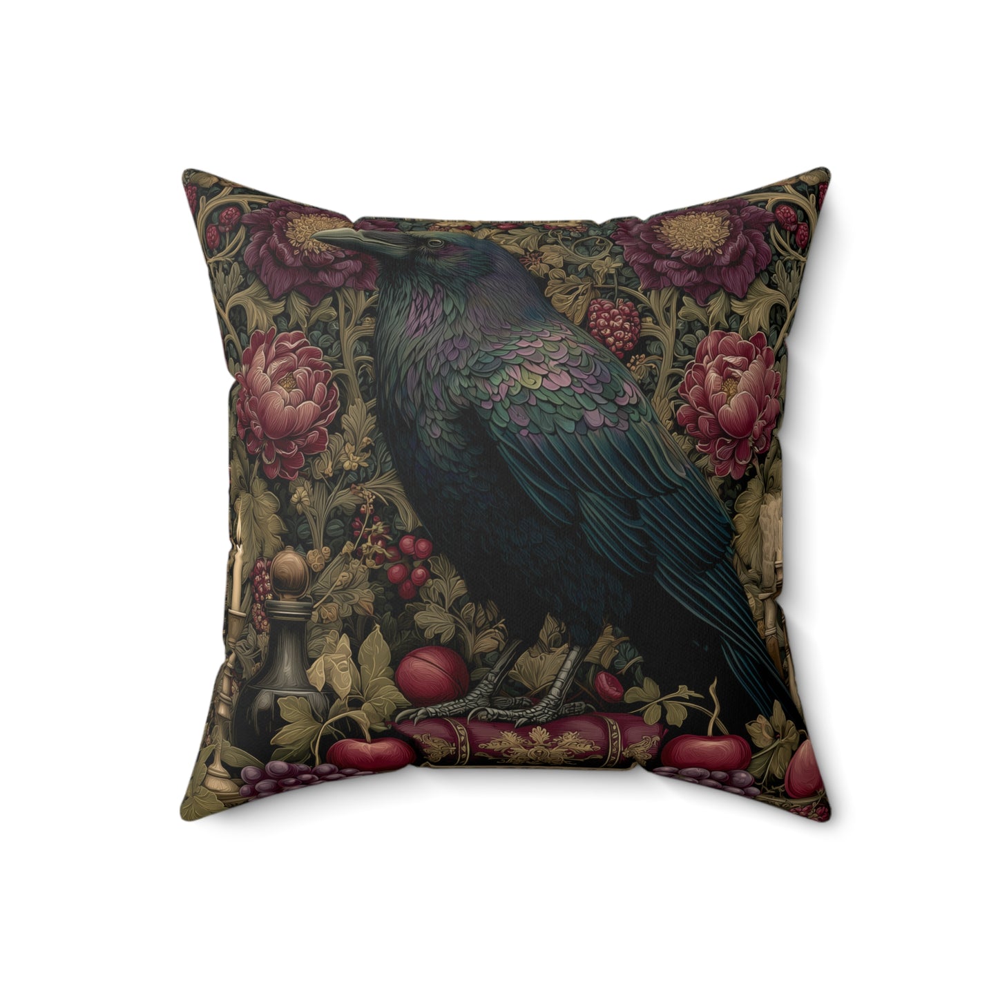 Gothic Raven & Peony Candle Pillow, Dark Academia Bird Cushion with Fruit and Floral Design, Halloween Home Decor